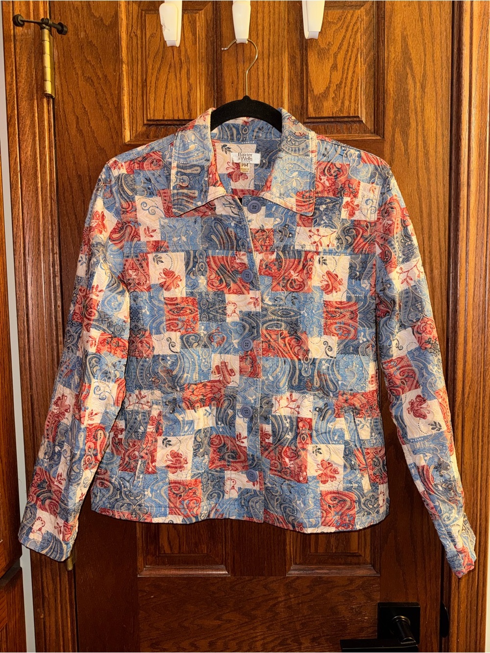 Patchwork Print Button-Front Jacket - Blue & Red